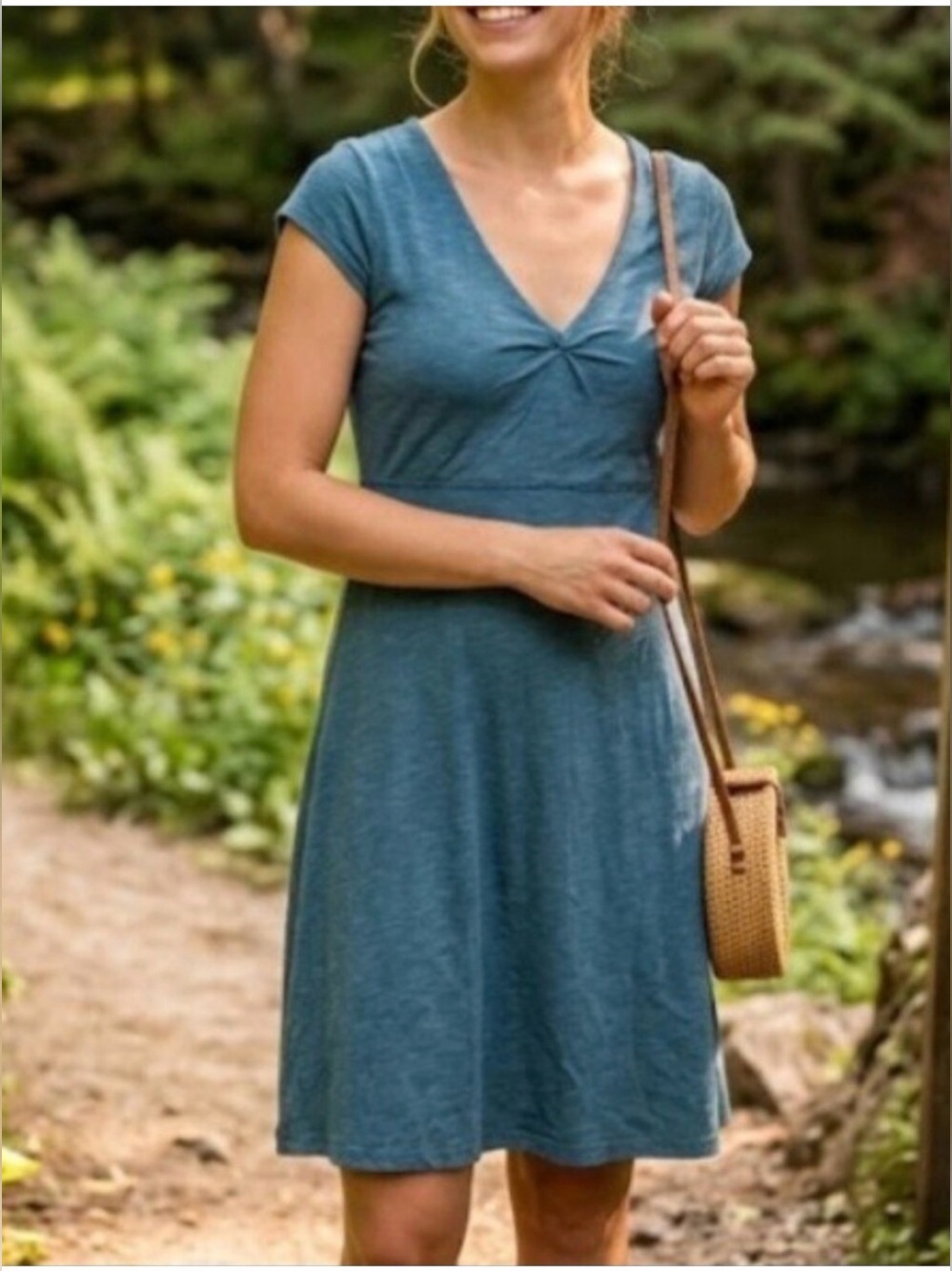 Toad&Co Rosemarie Dress Teal Blue Organic Cotton Tencel Knit Cap Sleeve Large